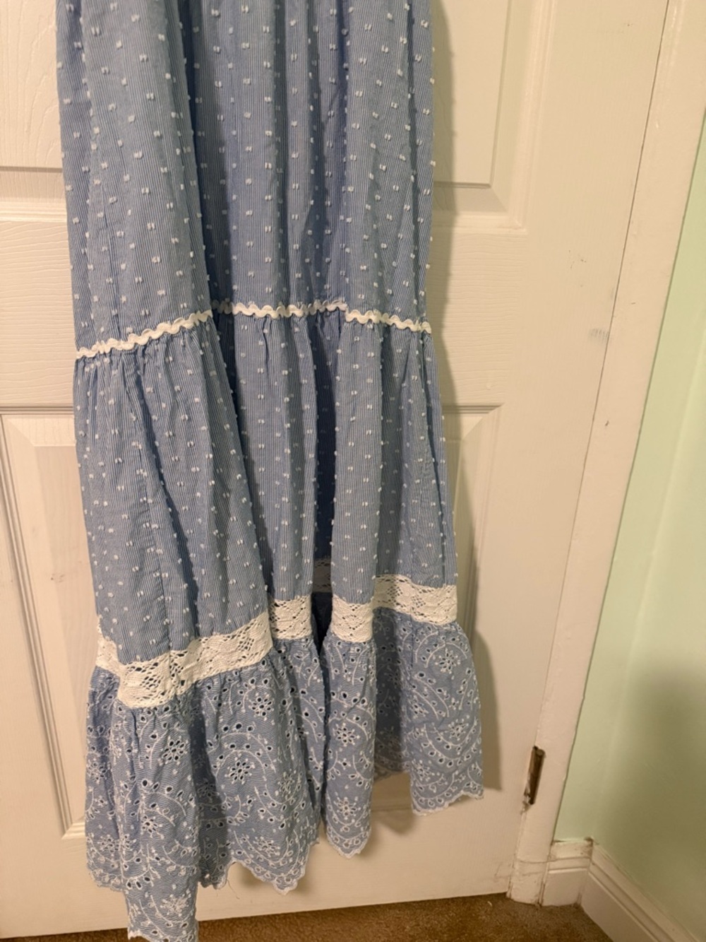 Light Blue Eyelet Tiered Maxi Dress W Tie Straps Shabby Chic Lace,Bust 31”-32” - Picture 4 of 13